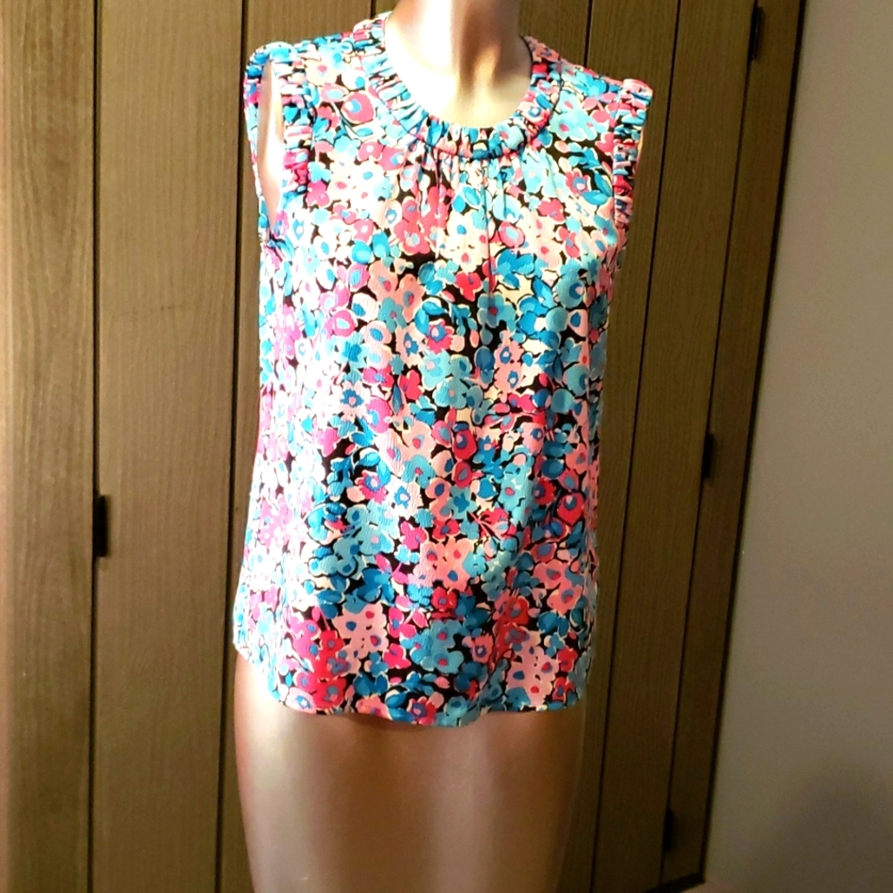 Crown and Ivy Lady's Sleeveless Floral with Ruffled Neckline and Arms